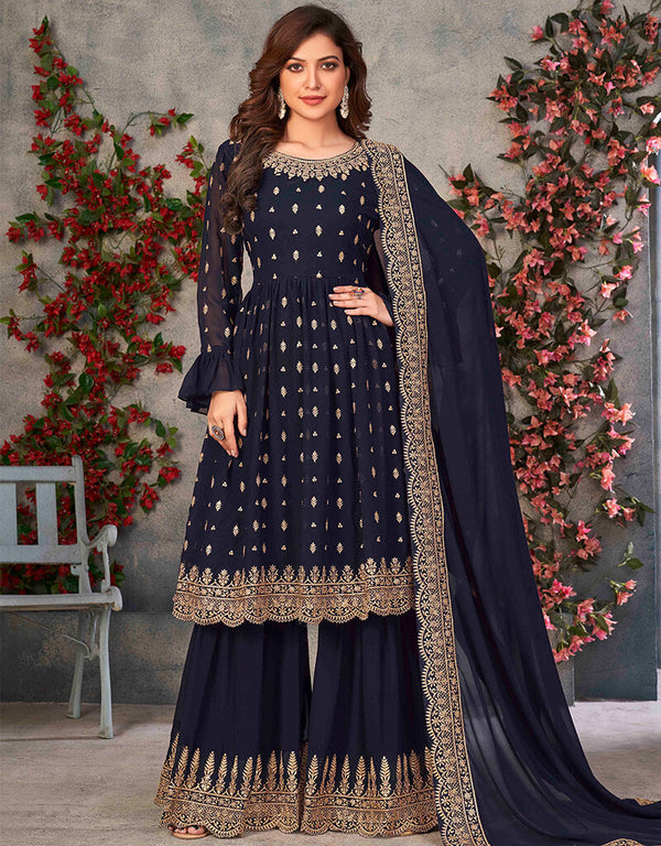 Navy Blue Fox Georgette Sharara Suit