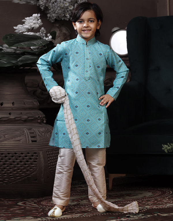 Light Feroze Kurta Pajama Cotton Printed