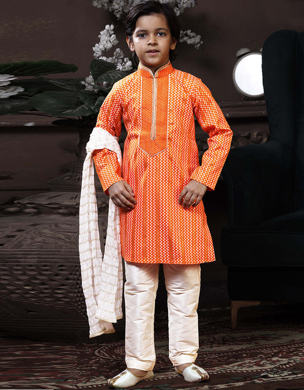 Orange Kurta Pajama Cotton Printed