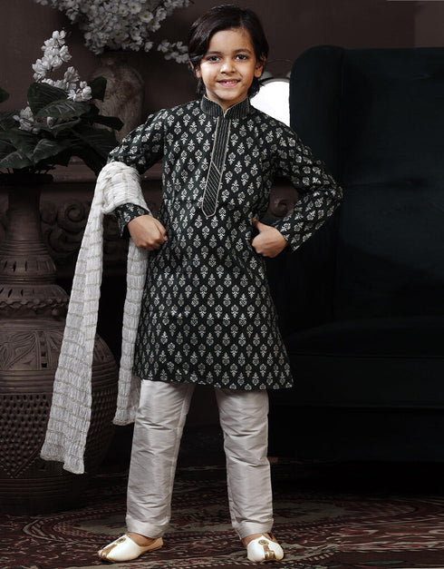 Dark Green Kurta Pajama Cotton Printed