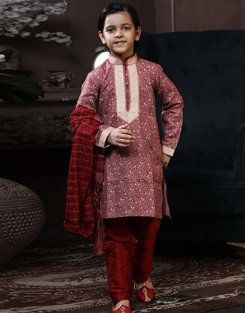 Marron Kurta Pajama Cotton Printed