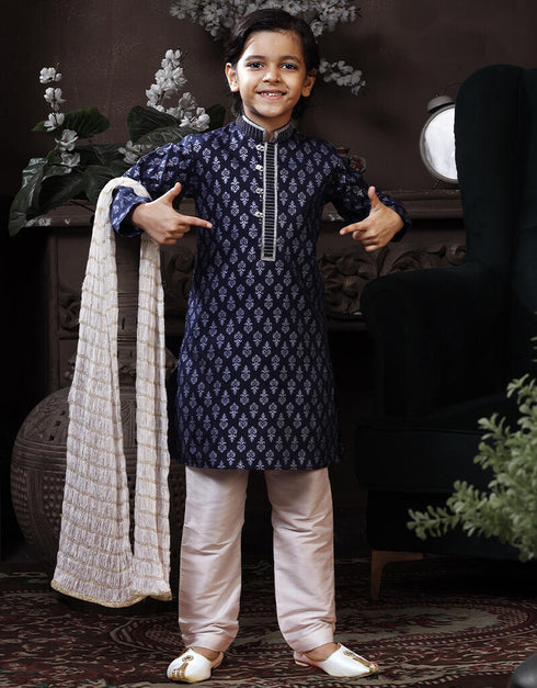 Navy Blue Kurta Pajama Cotton Printed