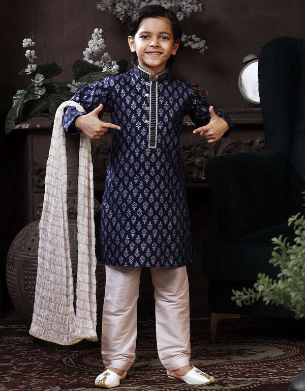 Navy Blue Kurta Pajama Cotton Printed