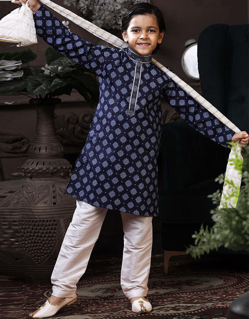 Navy Blue Kurta Pajama Cotton Printed