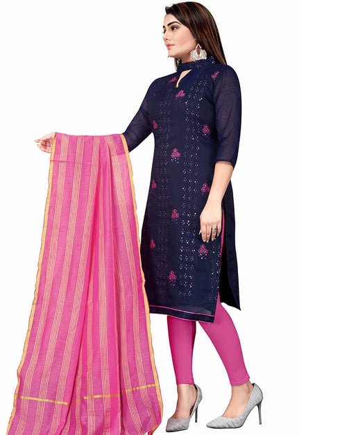 Navy Blue Chanderi Cotton Lengies Salwar Suit Back View