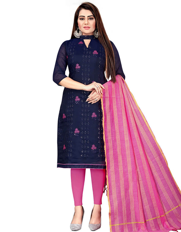 Navy Blue Chanderi Cotton Lengies Salwar Suit
