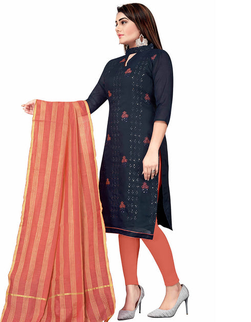 Navy Blue Chanderi Cotton Lengies Salwar Suit Back View
