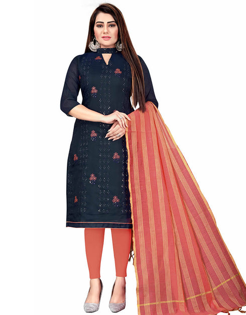 Navy Blue Chanderi Cotton Lengies Salwar Suit