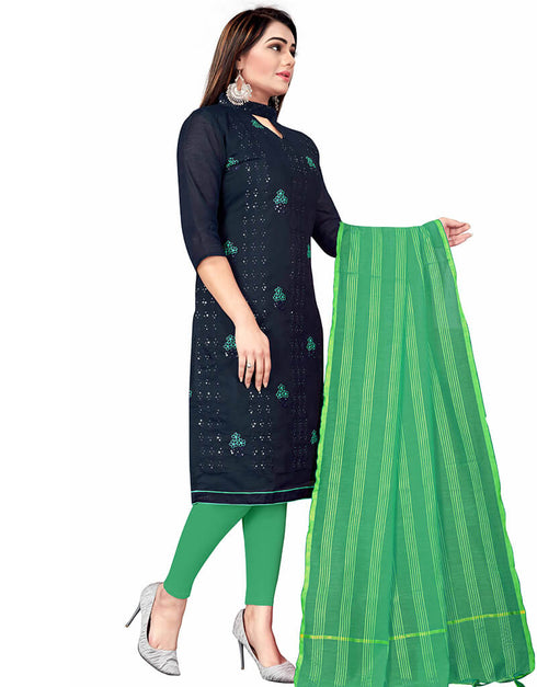 Navy Blue Chanderi Cotton Lengies Salwar Suit Closure View