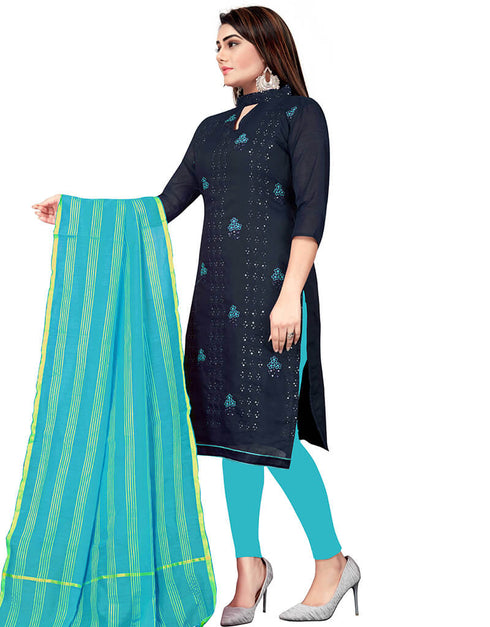 Navy Blue Chanderi Cotton Lengies Salwar Suit Back View