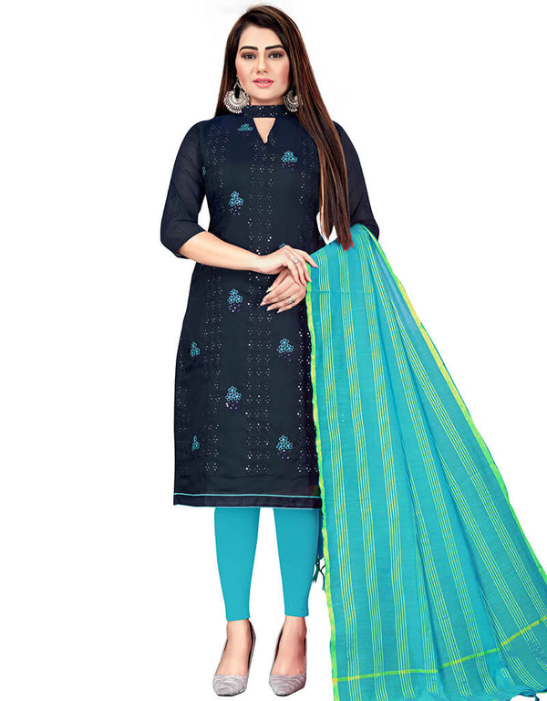 Navy Blue Chanderi Cotton Lengies Salwar Suit