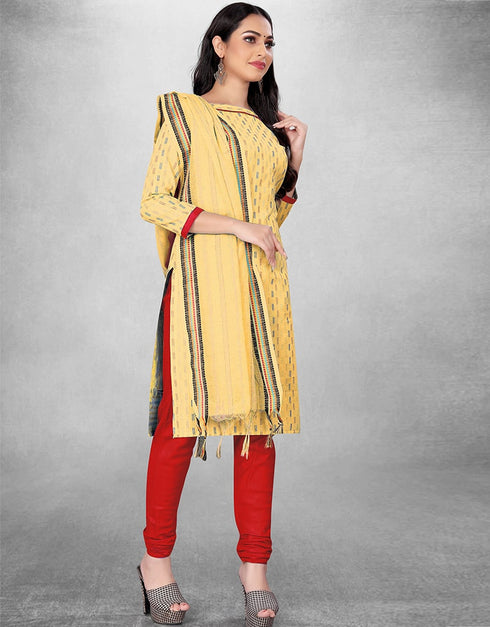 Yellow Cotton Butti Chudidar Suit Closure View