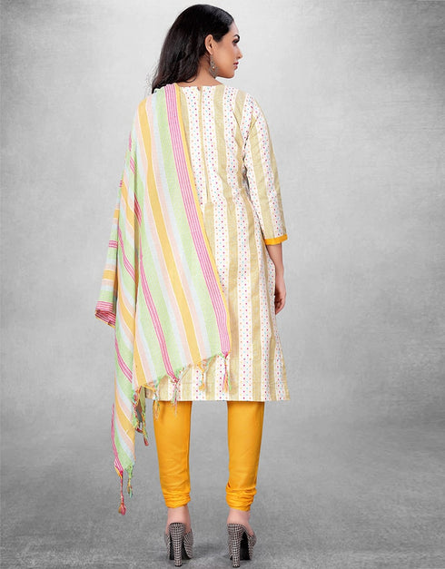 White And Yellow Cotton Butti Chudidar Suit Back View