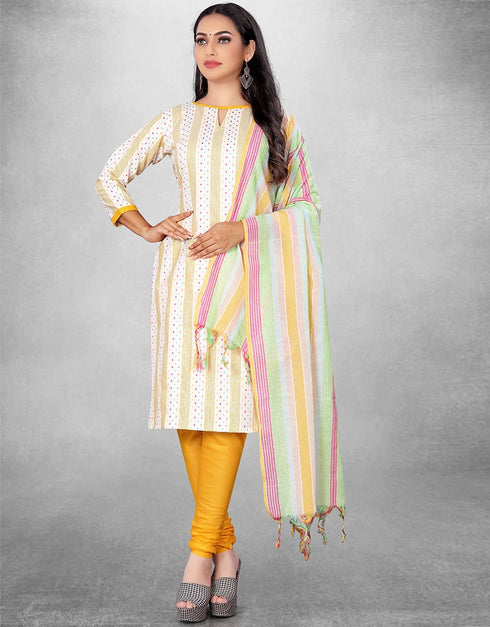 White And Yellow Cotton Butti Chudidar Suit