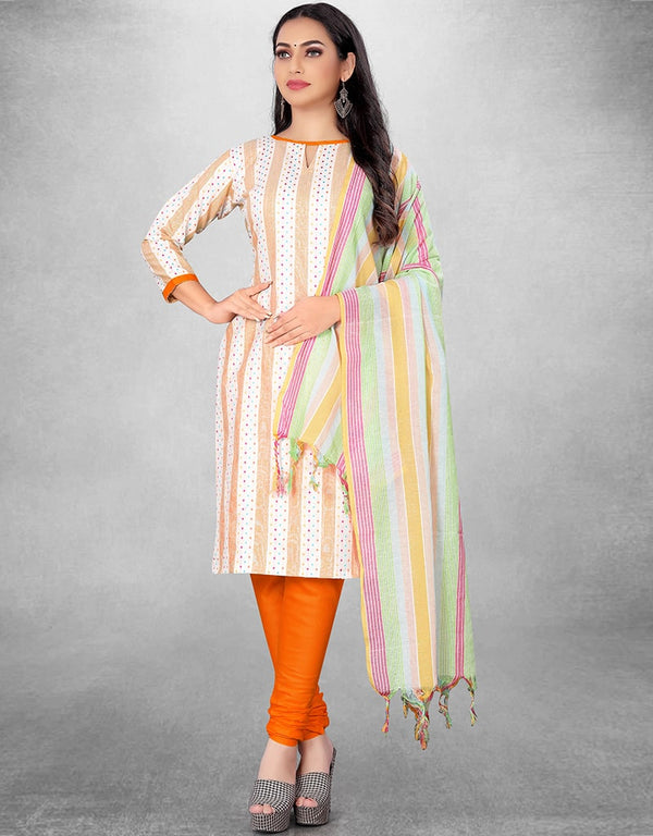 White And Orange Cotton Butti Chudidar Suit