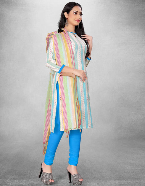 White And Blue Cotton Butti Chudidar Suit Closure View