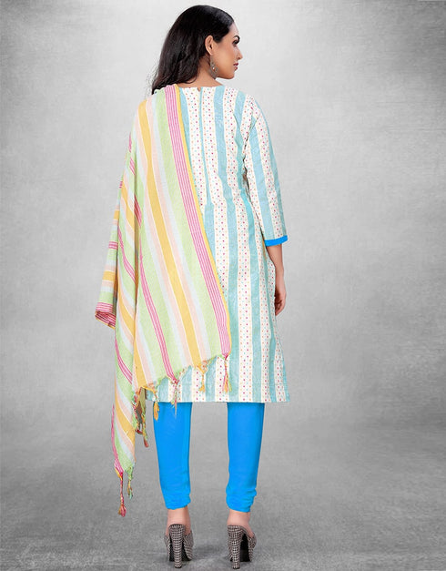 White And Blue Cotton Butti Chudidar Suit Back View