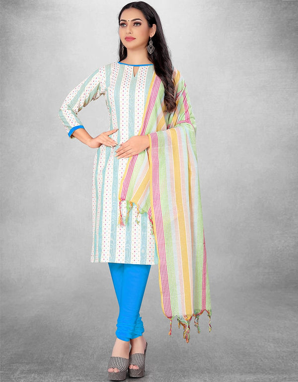 White And Blue Cotton Butti Chudidar Suit
