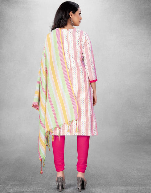 White And Pink Cotton Butti Chudidar Suit Back View