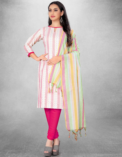 White And Pink Cotton Butti Chudidar Suit