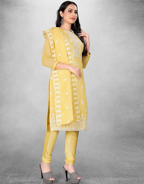 Lemon Yellow Chanderi Chudidar Suit Closure View