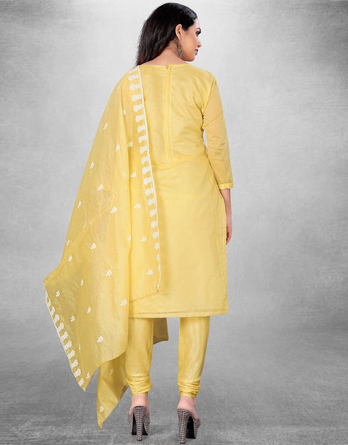 Lemon Yellow Chanderi Chudidar Suit Back View