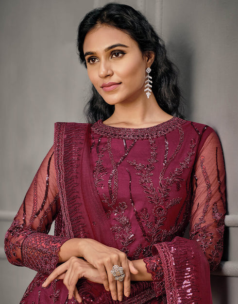 Magenta Soft Net Pant Salwar Suit Closure View