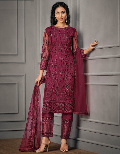 Magenta Soft Net Pant Salwar Suit