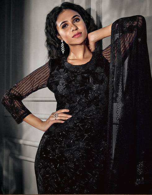 Black Soft Net Pant Salwar Suit Closure View