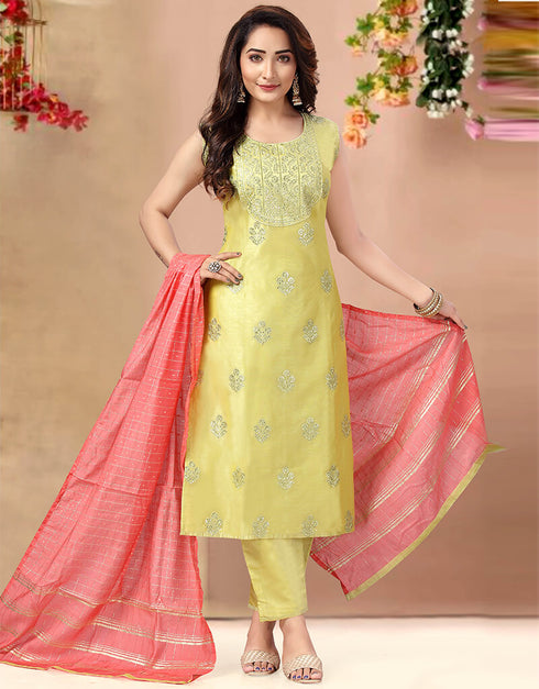 Light Yellow Chanderi Pant Suit