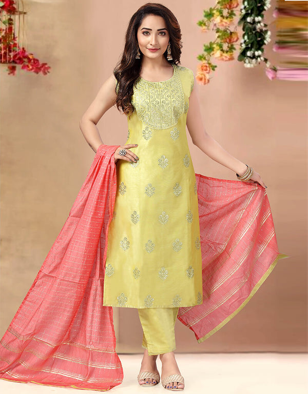 Light Yellow Chanderi Pant Suit
