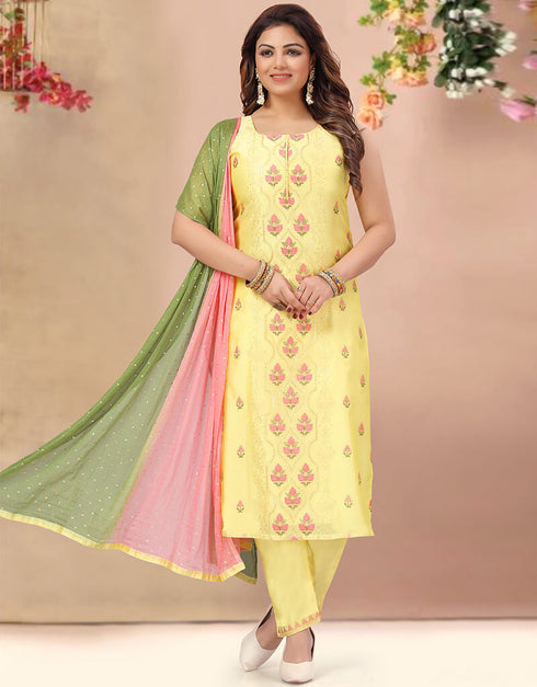 Yellow Chanderi Silk Pant Suit