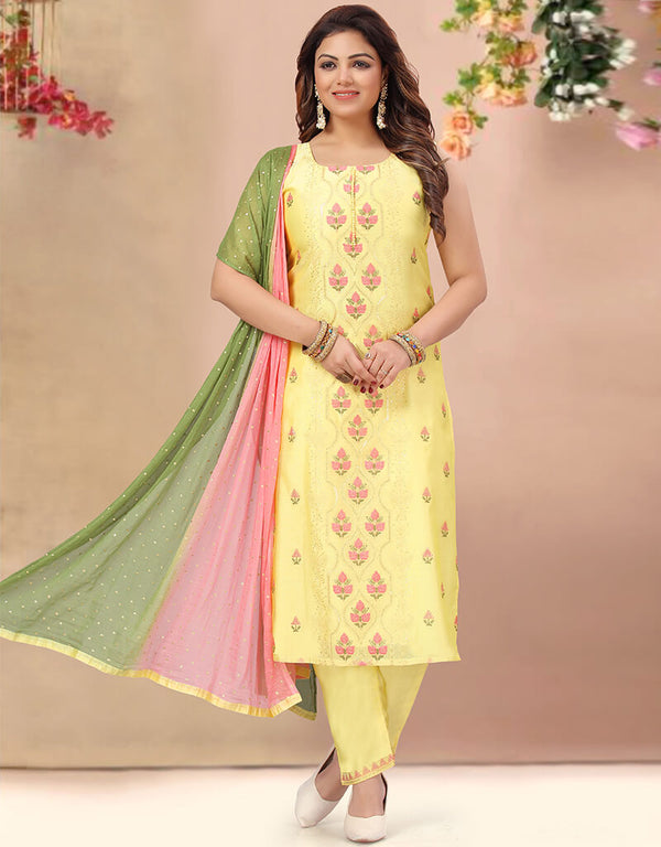 Yellow Chanderi Silk Pant Suit