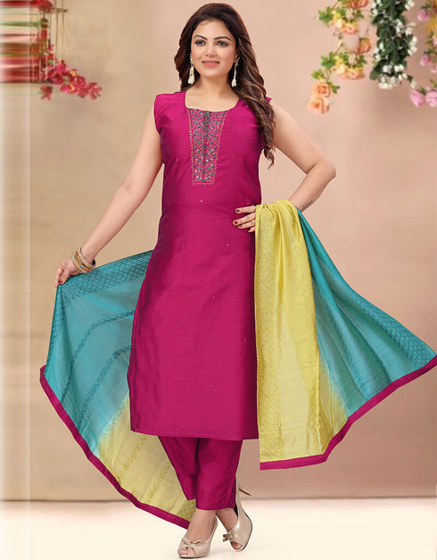 Magenta Chanderi Silk Pant Suit