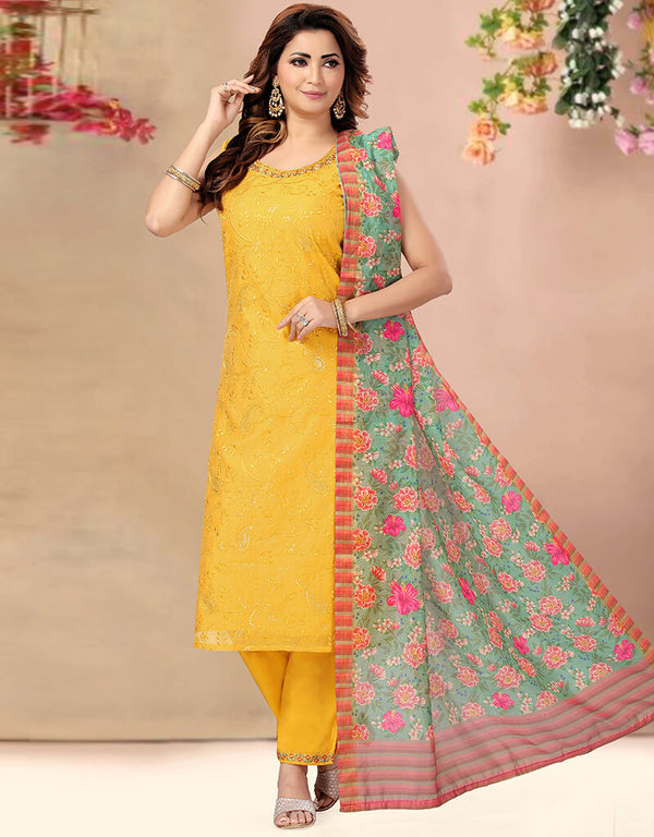 Yellow Chanderi Pant Suit