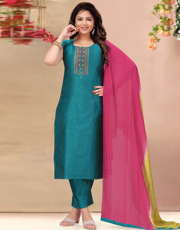 Teal Blue Chanderi Silk Pant Suit