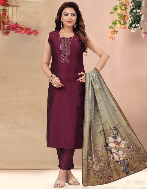 Burgendy Chanderi Silk Pant Suit