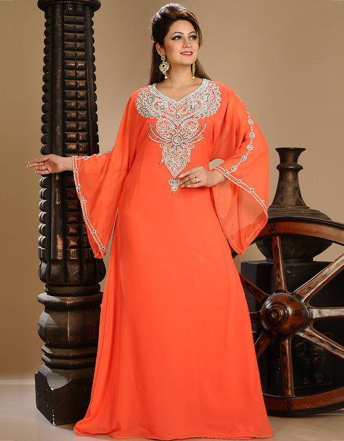 Trendy Peach Georgette Hand Embroidery Party Wear Kaftan