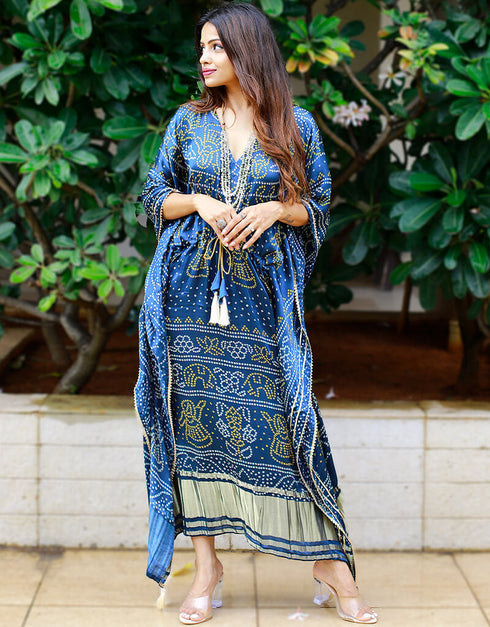 Blue Designer Party Wear Pure Gaji Silk Kaftan Closure View