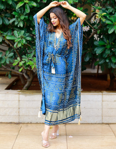 Blue Designer Party Wear Pure Gaji Silk Kaftan Back View