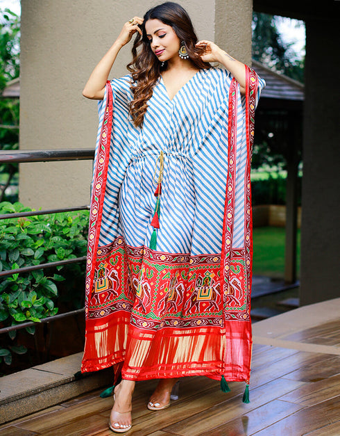 White Designer Party Wear Pure Gaji Silk Kaftan Back View