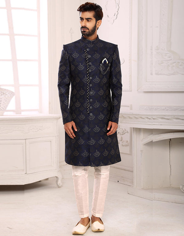 Navy Blue Kurta Imported Brocade Jacquard Aligadhi Pant