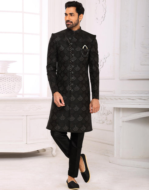 Black Kurta Imported Brocade Jacquard Aligadhi Pant