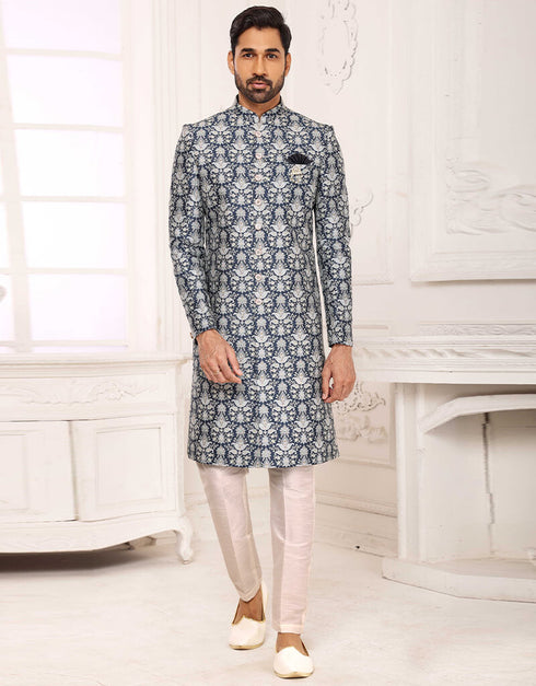 Blue Kurta Digital Print With Single Thread Work Aligadhi Pant