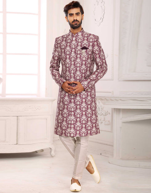 Dark Onion Kurta Digital Print With Single Thread Work Aligadhi Pant