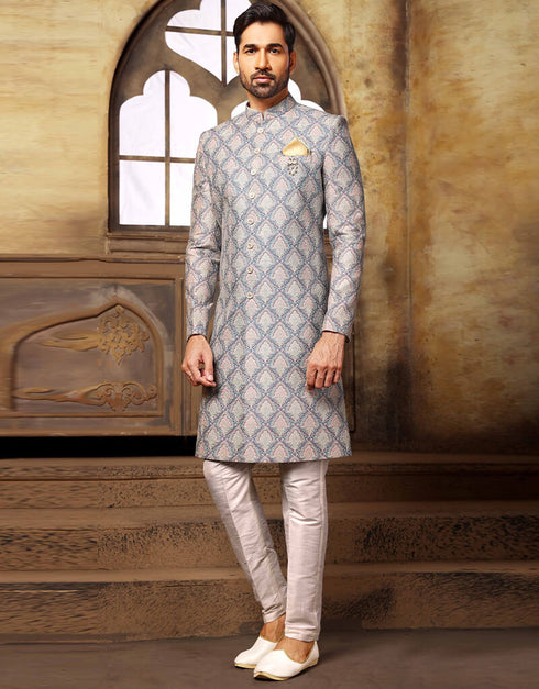 Blue Kurta Digital Print With Single Thread Work Aligadhi Pant