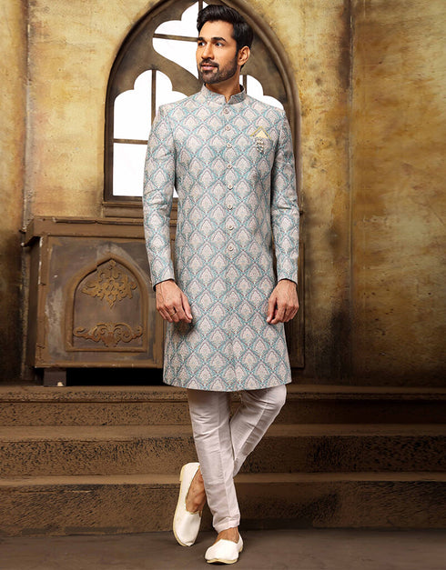 Green Kurta Digital Print With Single Thread Work Aligadhi Pant