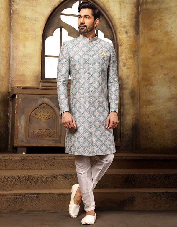 Green Kurta Digital Print With Single Thread Work Aligadhi Pant