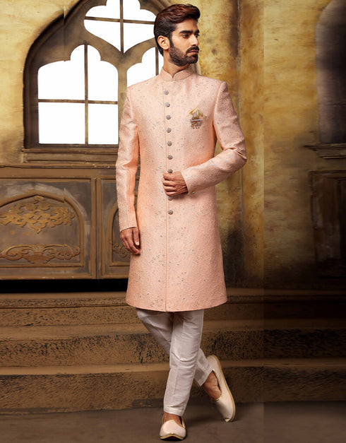 Peach Kurta Imported Brocade Jacquard Aligadhi Pant