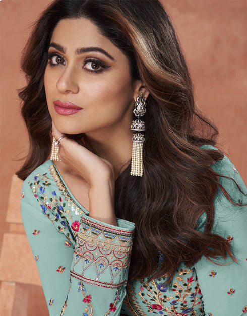 Sky Blue Fox Georgette Anarkali Salwar Suit Closure View